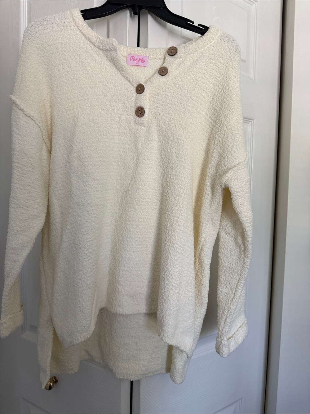 Pink Lily Ivory Button-Detail Cozy Crew Sweater